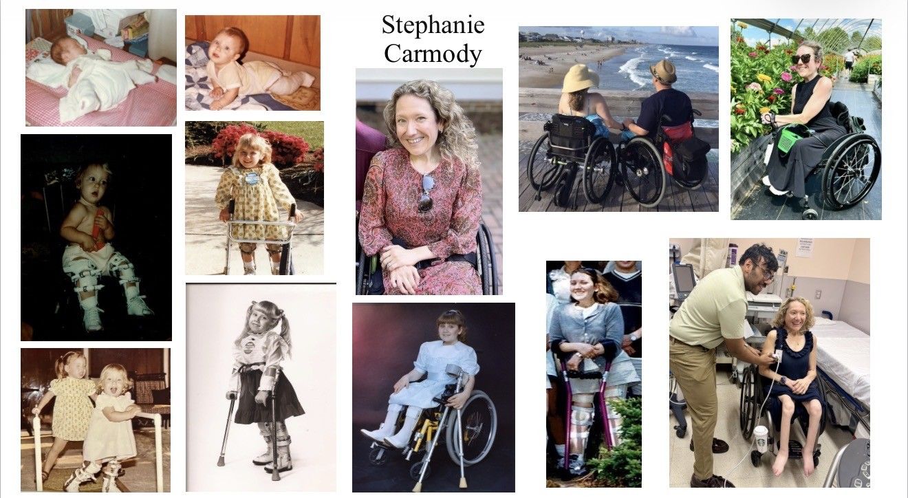 A collage of photos of Stephanie Carmody through her life: as a baby; as a young child with leg braces, a walker and crutches; as a girl in a wheelchair; and as an adult in her wheelchair, smiling at the beach, in a flower garden and at a medical appointment